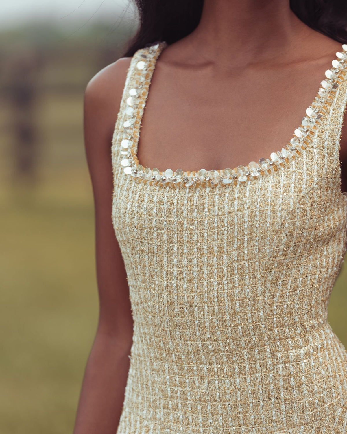 Mac Duggal Gold Boucle Embellished A-Line Mini Dress