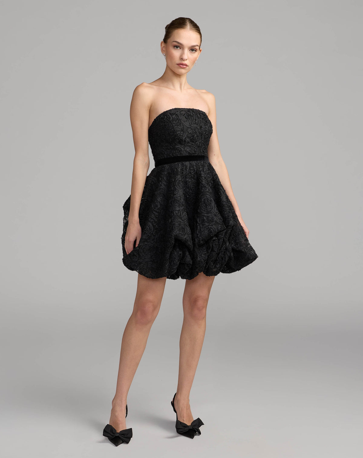 Mac Duggal Black Strapless Textured Bubble Hem Mini Dress