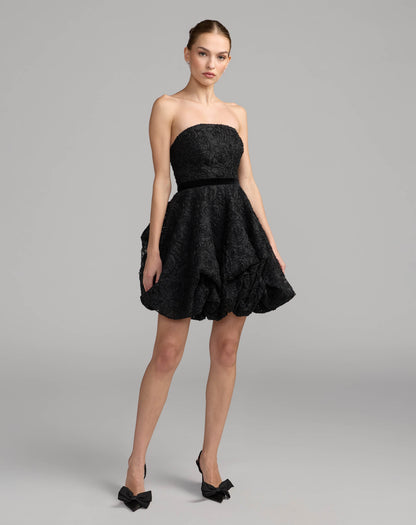 Mac Duggal Black Strapless Textured Bubble Hem Mini Dress