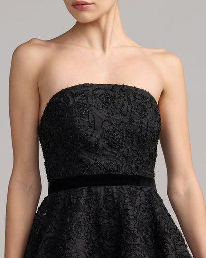 Mac Duggal Black Strapless Textured Bubble Hem Mini Dress