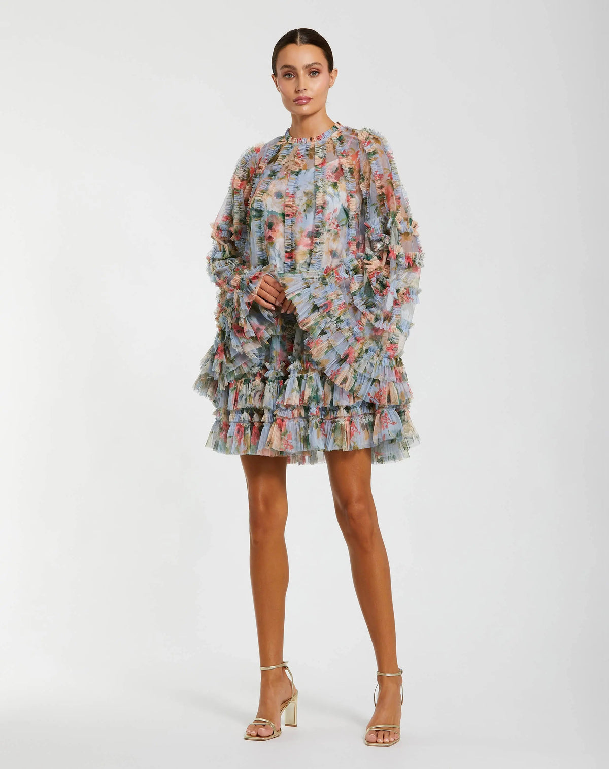 Mac Duggal Blue Printed Mesh Ruffle High Neck Mini Dress