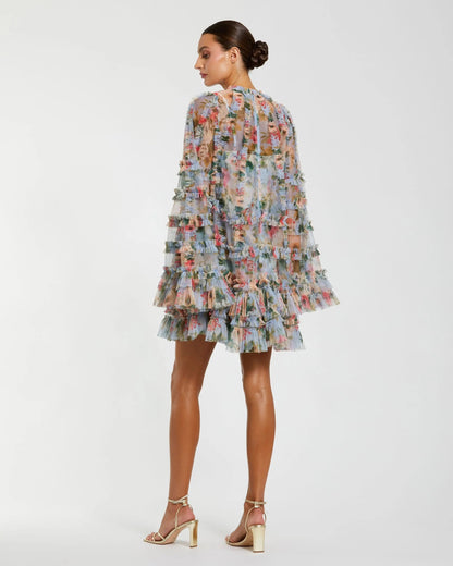 Mac Duggal Blue Printed Mesh Ruffle High Neck Mini Dress