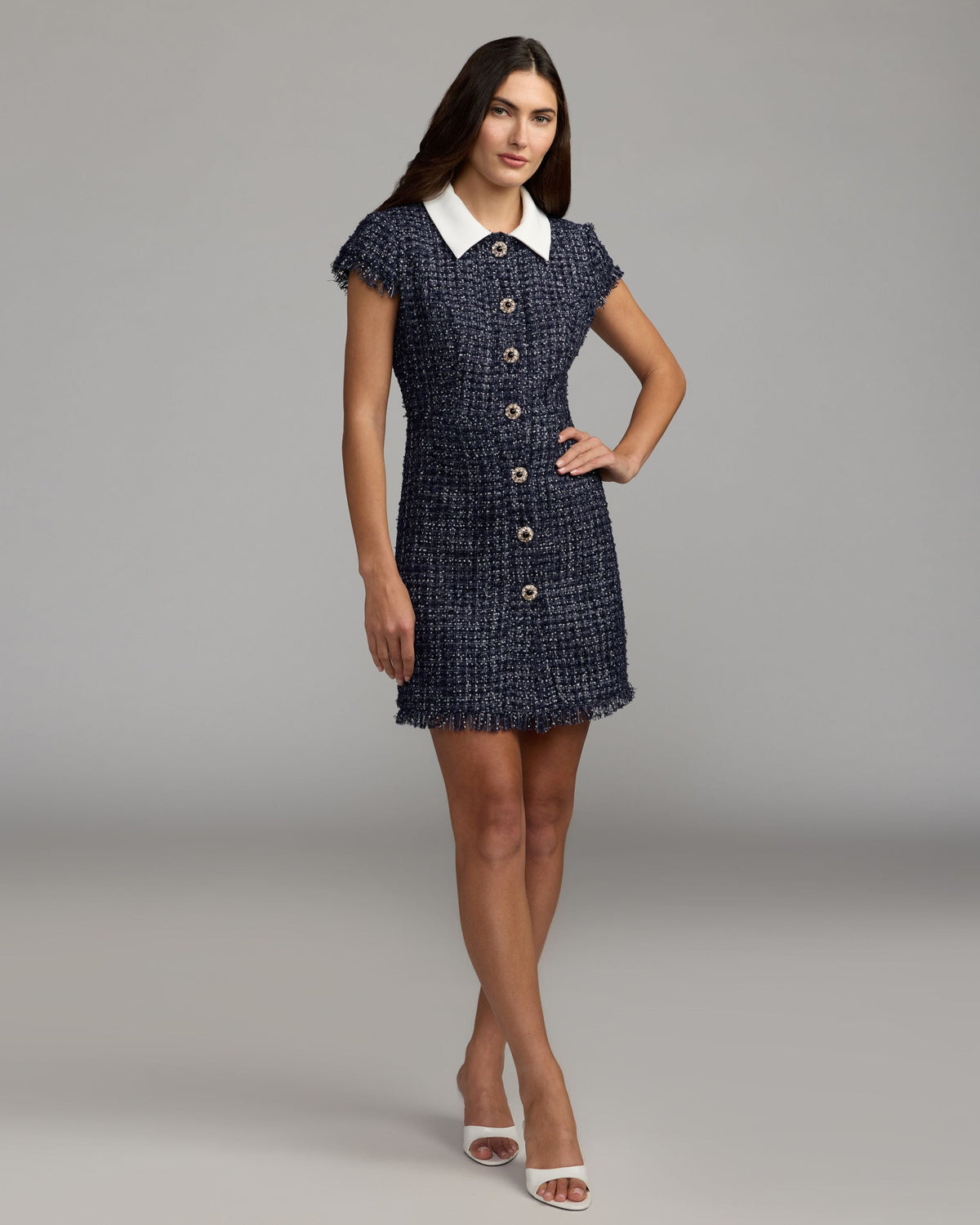 Mac Duggal Navy Blue Embellished Boucle Collared Mini Dress