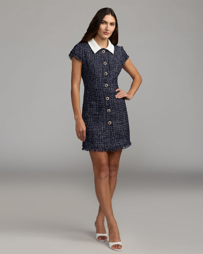 Mac Duggal Navy Blue Embellished Boucle Collared Mini Dress