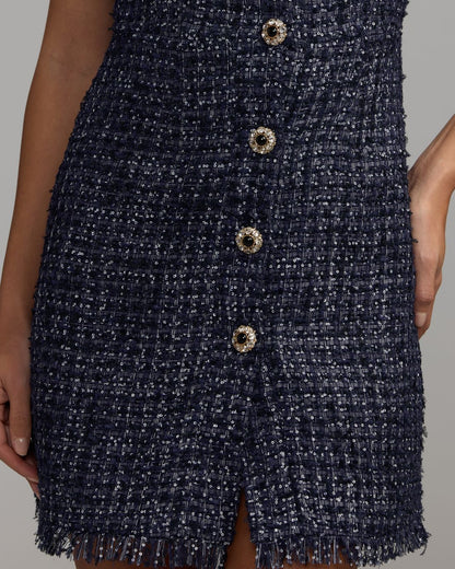 Mac Duggal Navy Blue Embellished Boucle Collared Mini Dress