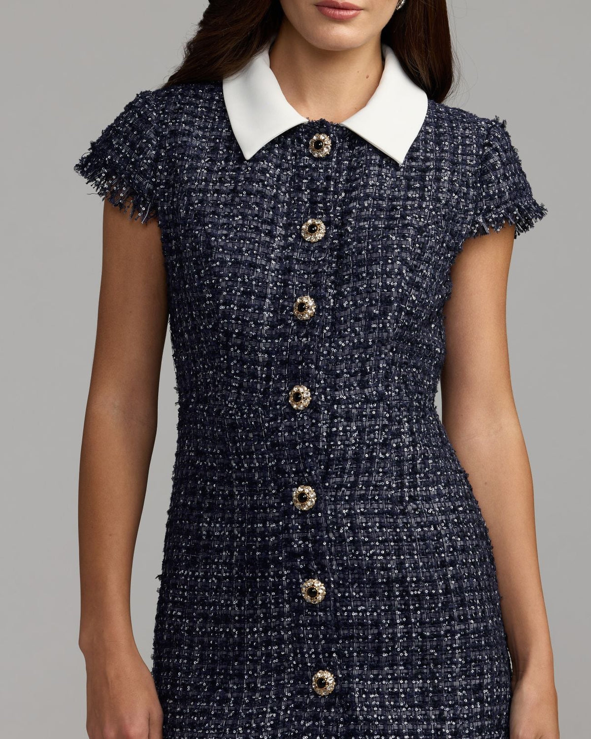 Mac Duggal Navy Blue Embellished Boucle Collared Mini Dress