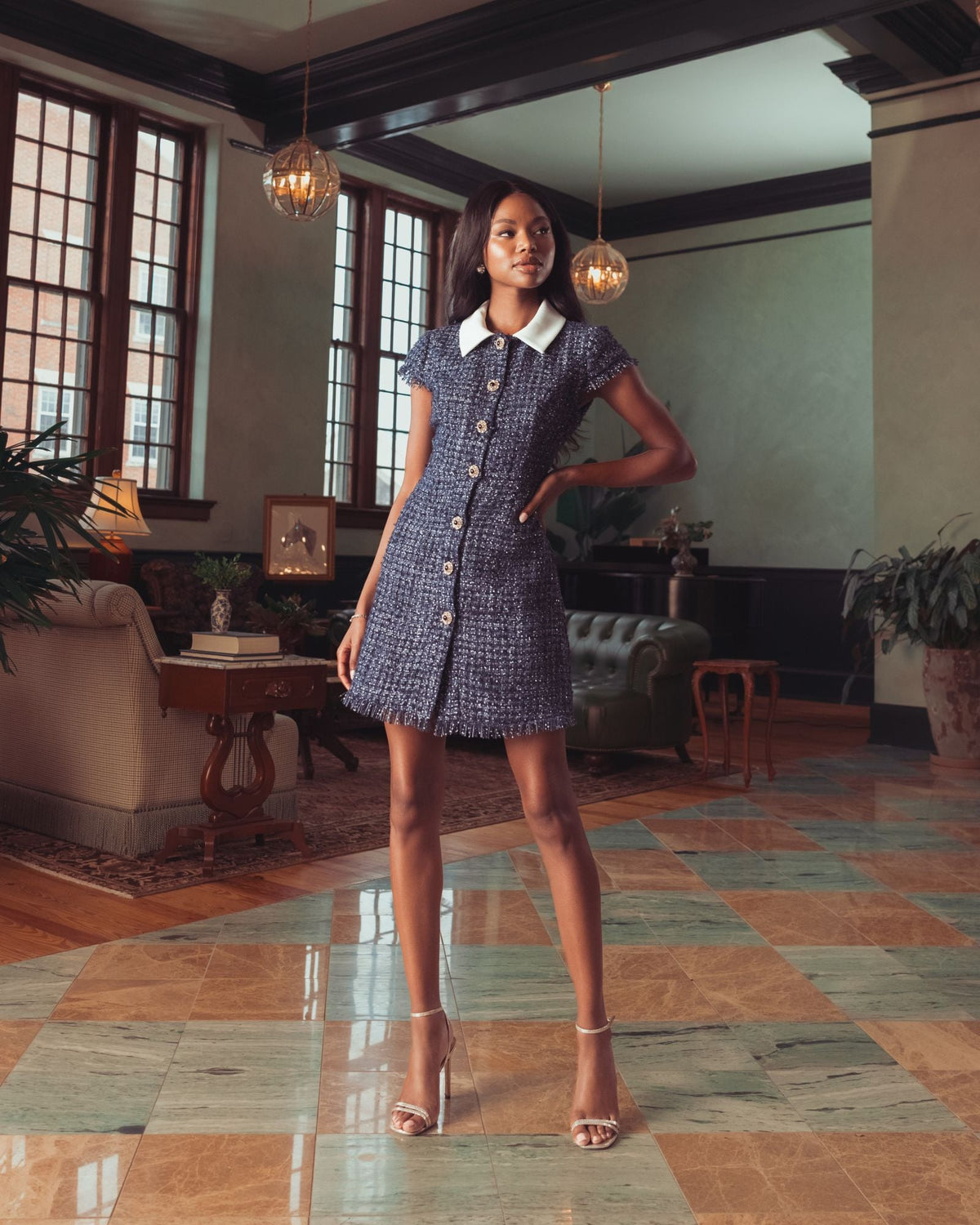 Mac Duggal Navy Blue Embellished Boucle Collared Mini Dress