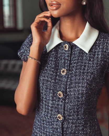 Mac Duggal Navy Blue Embellished Boucle Collared Mini Dress