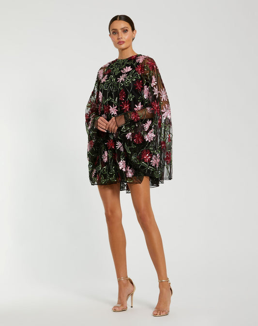 Mac Duggal Black Floral Embellished Cape Mini Dress
