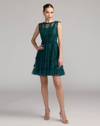Mac Duggal Teal High Neck Sleeveless Micro Ruffle Mini Dress