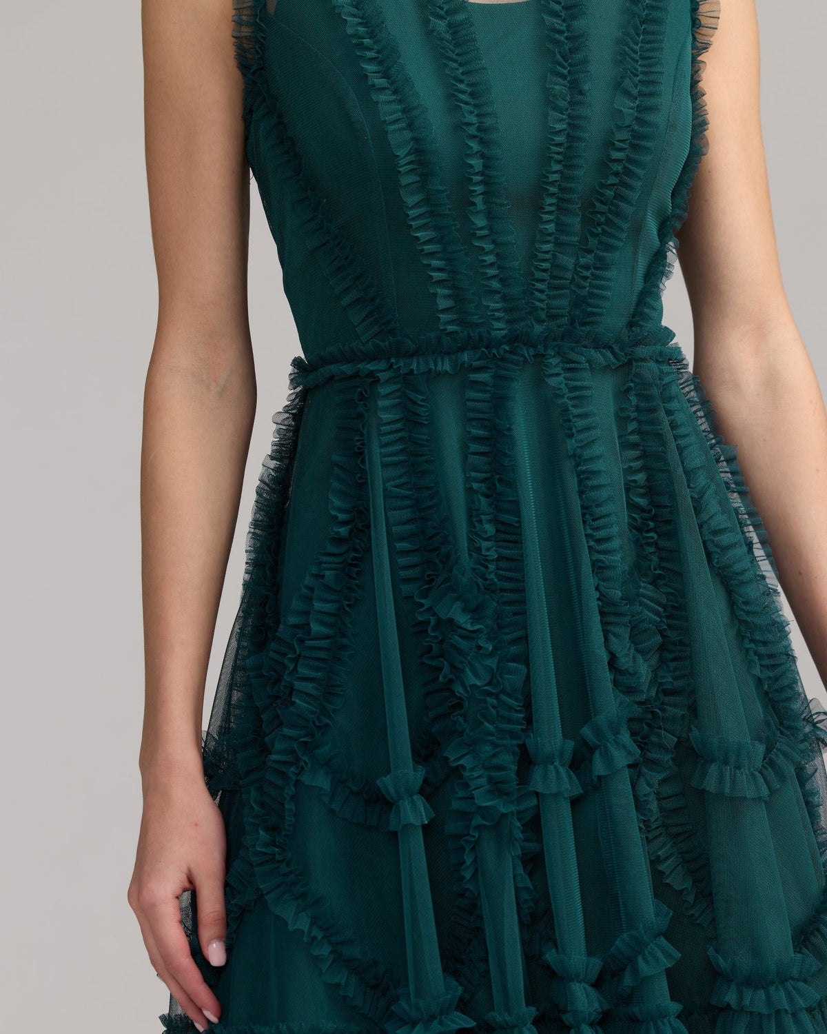 Mac Duggal Teal High Neck Sleeveless Micro Ruffle Mini Dress