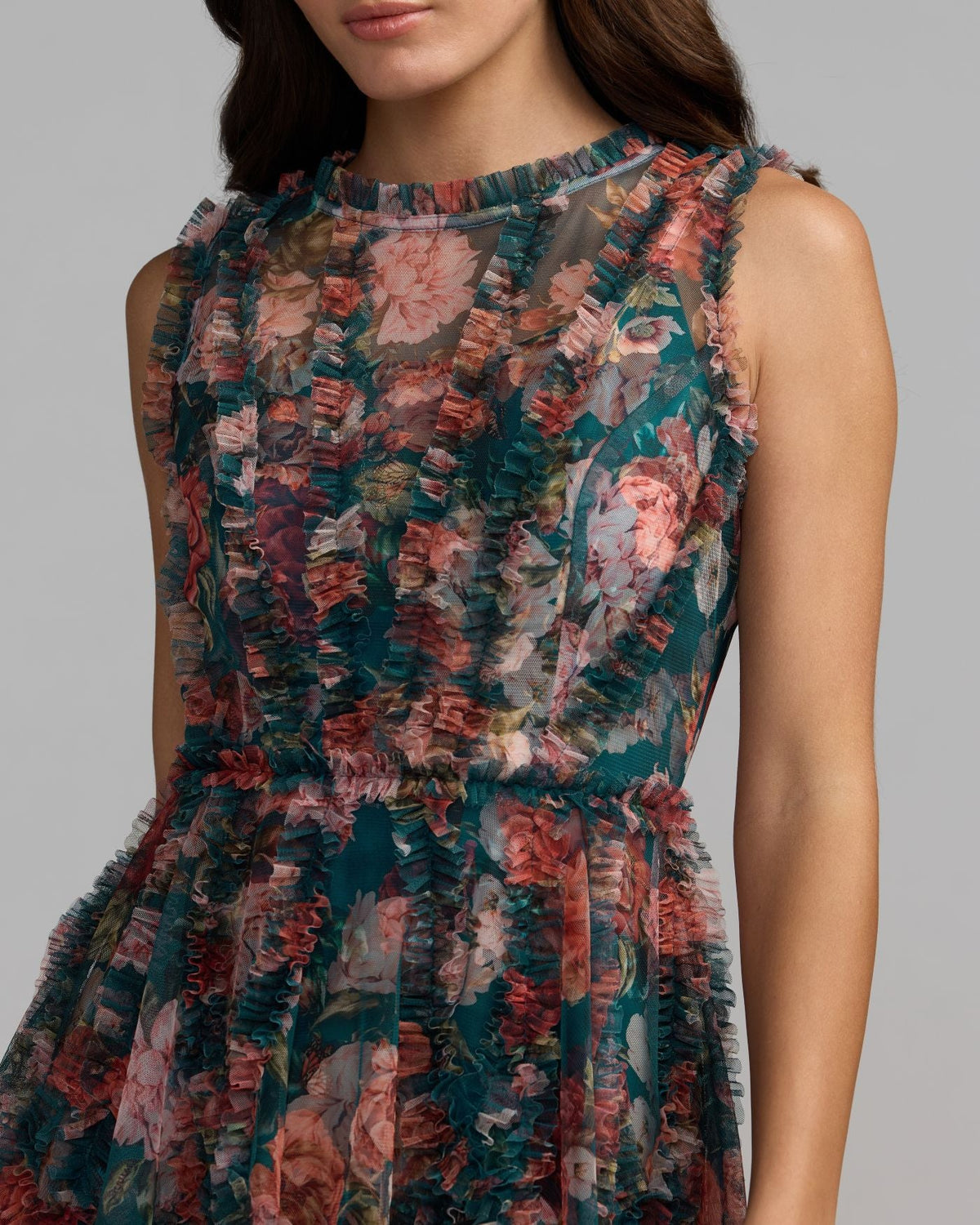 Mac Duggal Teal Micro Ruffle Floral A-Line Mini Dress