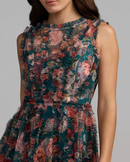 Mac Duggal Teal Micro Ruffle Floral A-Line Mini Dress