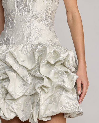 Mac Duggal Ivory Strapless Brocade Bubble Hem Mini Dress
