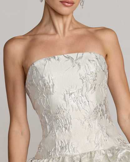 Mac Duggal Ivory Strapless Brocade Bubble Hem Mini Dress