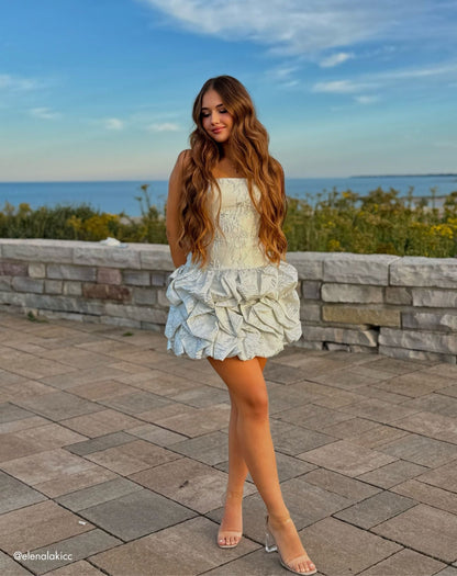 Mac Duggal Ivory Strapless Brocade Bubble Hem Mini Dress