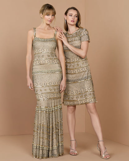 Mac Duggal Gold Short Sleeve Embellished Mini Dress