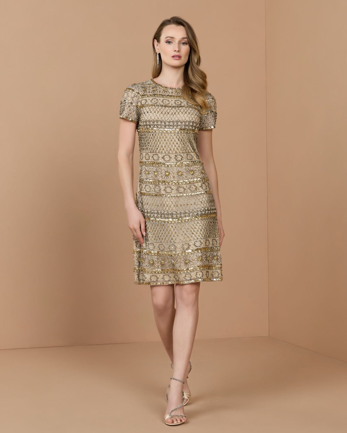 Mac Duggal Gold Short Sleeve Embellished Mini Dress