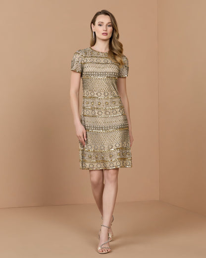 Mac Duggal Gold Short Sleeve Embellished Mini Dress