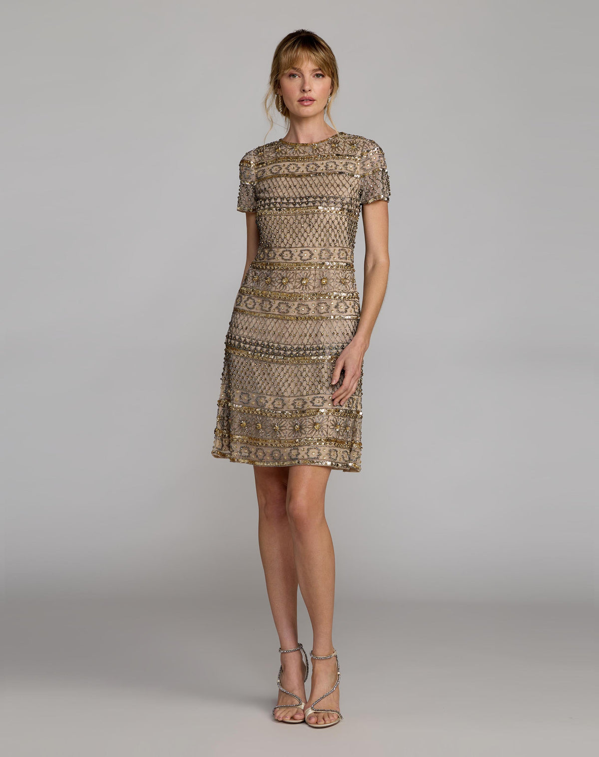 Mac Duggal Gold Short Sleeve Embellished Mini Dress