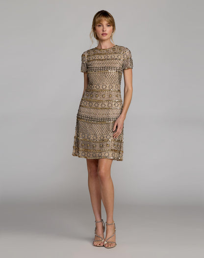 Mac Duggal Gold Short Sleeve Embellished Mini Dress