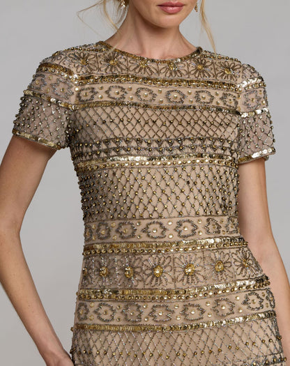 Mac Duggal Gold Short Sleeve Embellished Mini Dress