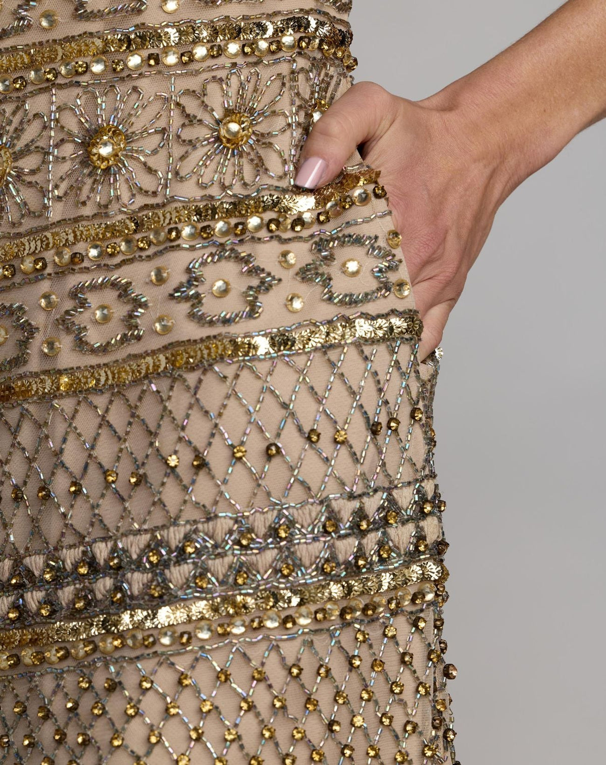 Mac Duggal Gold Short Sleeve Embellished Mini Dress