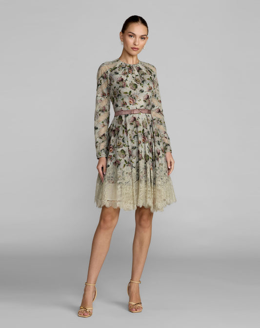 Mac Duggal Multicolor Floral Long Sleeve Cotton Mini Dress