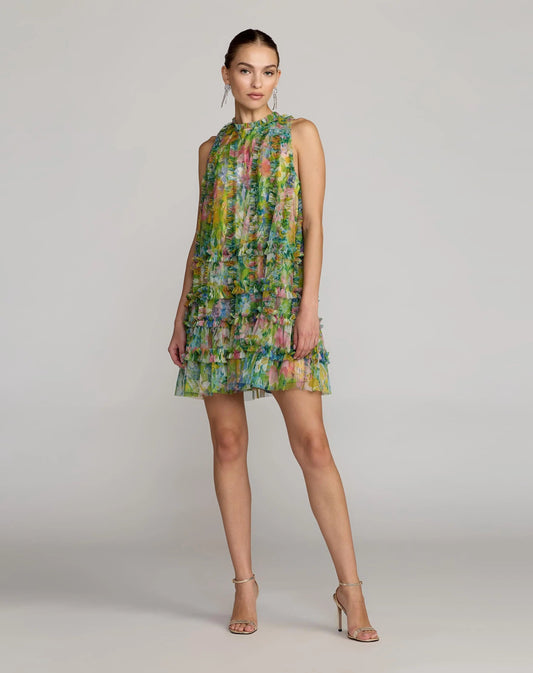Mac Duggal Green Printed Sleeveless High Neck Ruffle Mini Dress
