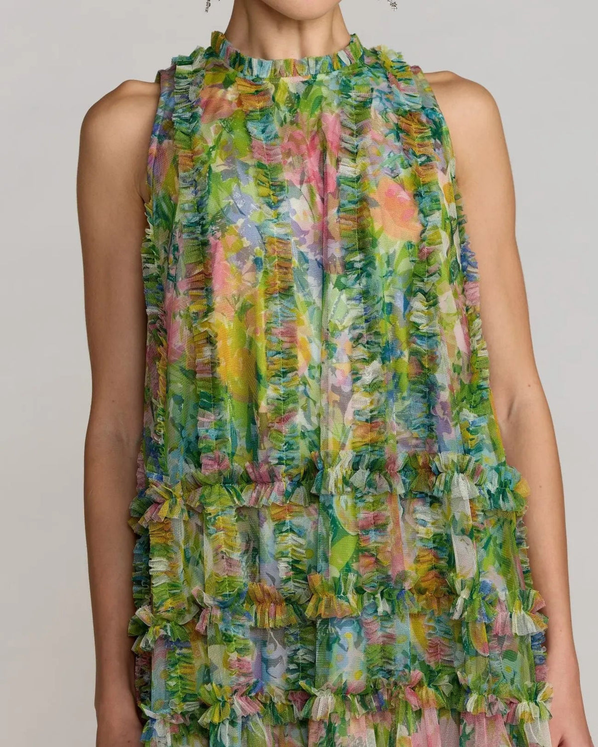 Mac Duggal Green Printed Sleeveless High Neck Ruffle Mini Dress