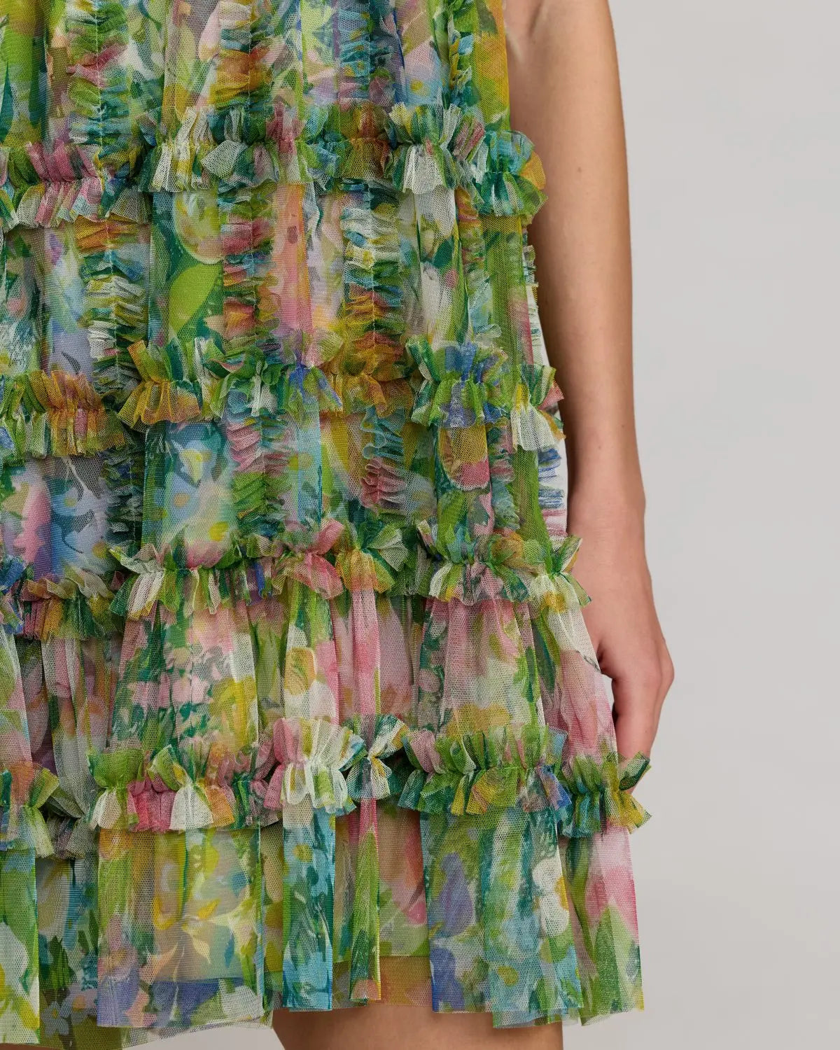 Mac Duggal Green Printed Sleeveless High Neck Ruffle Mini Dress