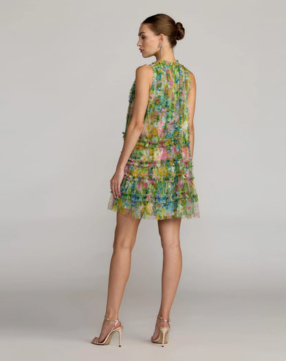 Mac Duggal Green Printed Sleeveless High Neck Ruffle Mini Dress