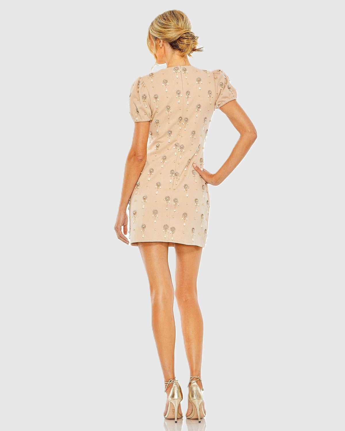 Mac Duggal Beige Crystal Embellished Short Sleeve Mini Dress