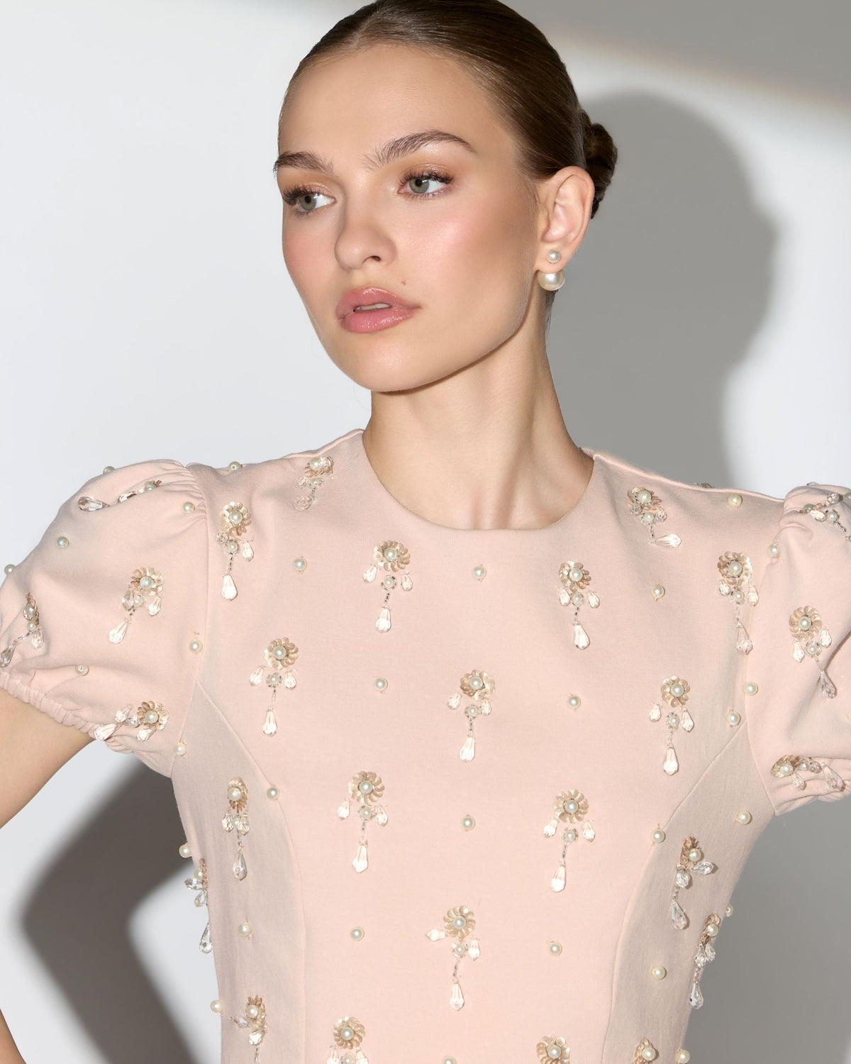Mac Duggal Beige Crystal Embellished Short Sleeve Mini Dress
