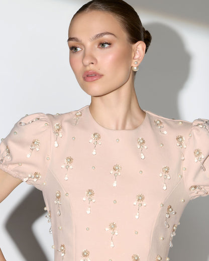 Mac Duggal Beige Crystal Embellished Short Sleeve Mini Dress