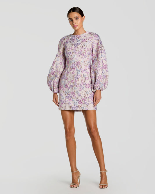 Mac Duggal Purple Floral Brocade Balloon Sleeve Mini Dress
