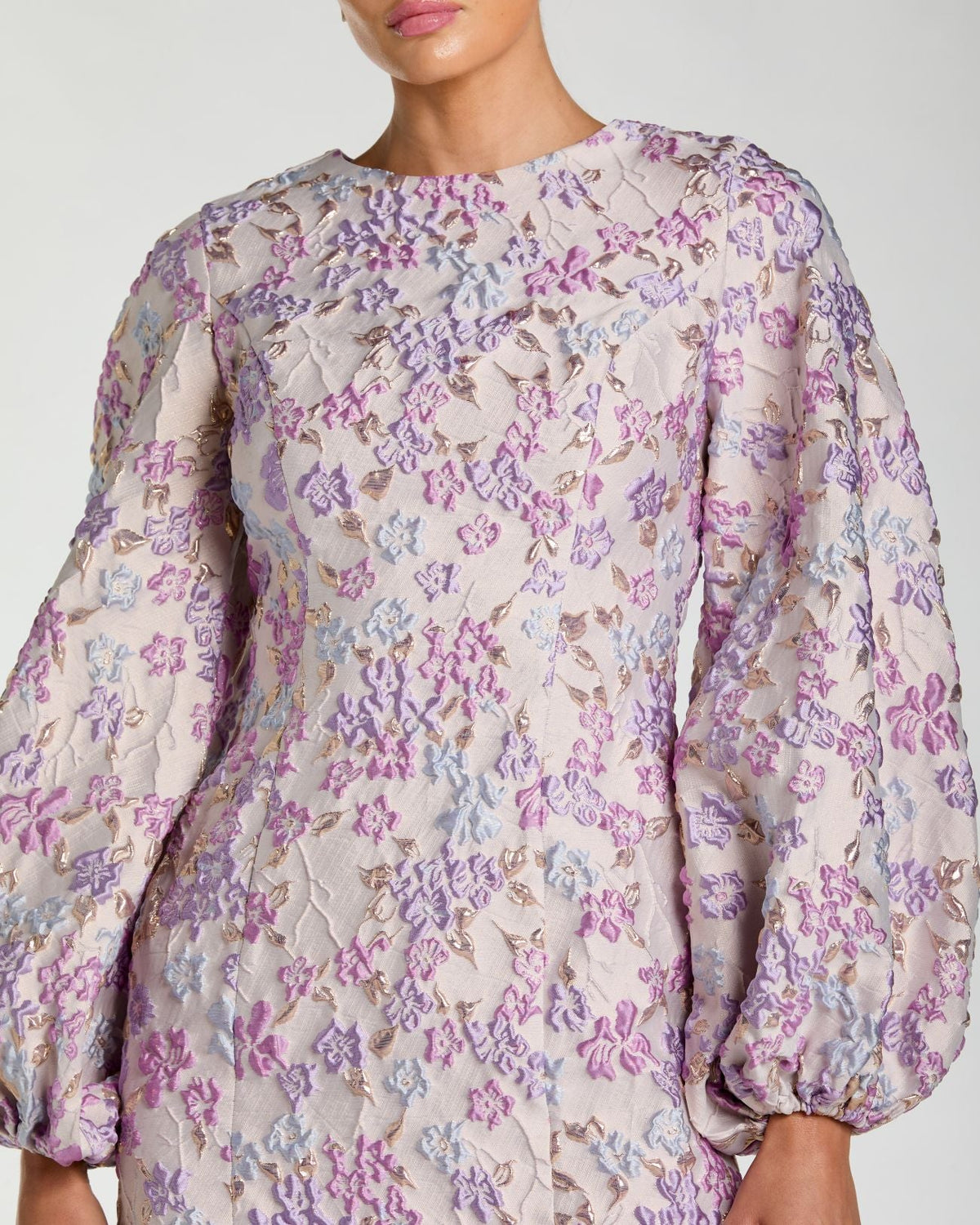 Mac Duggal Purple Floral Brocade Balloon Sleeve Mini Dress