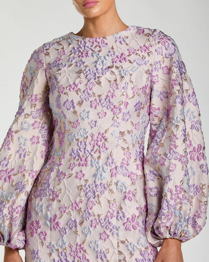 Mac Duggal Purple Floral Brocade Balloon Sleeve Mini Dress