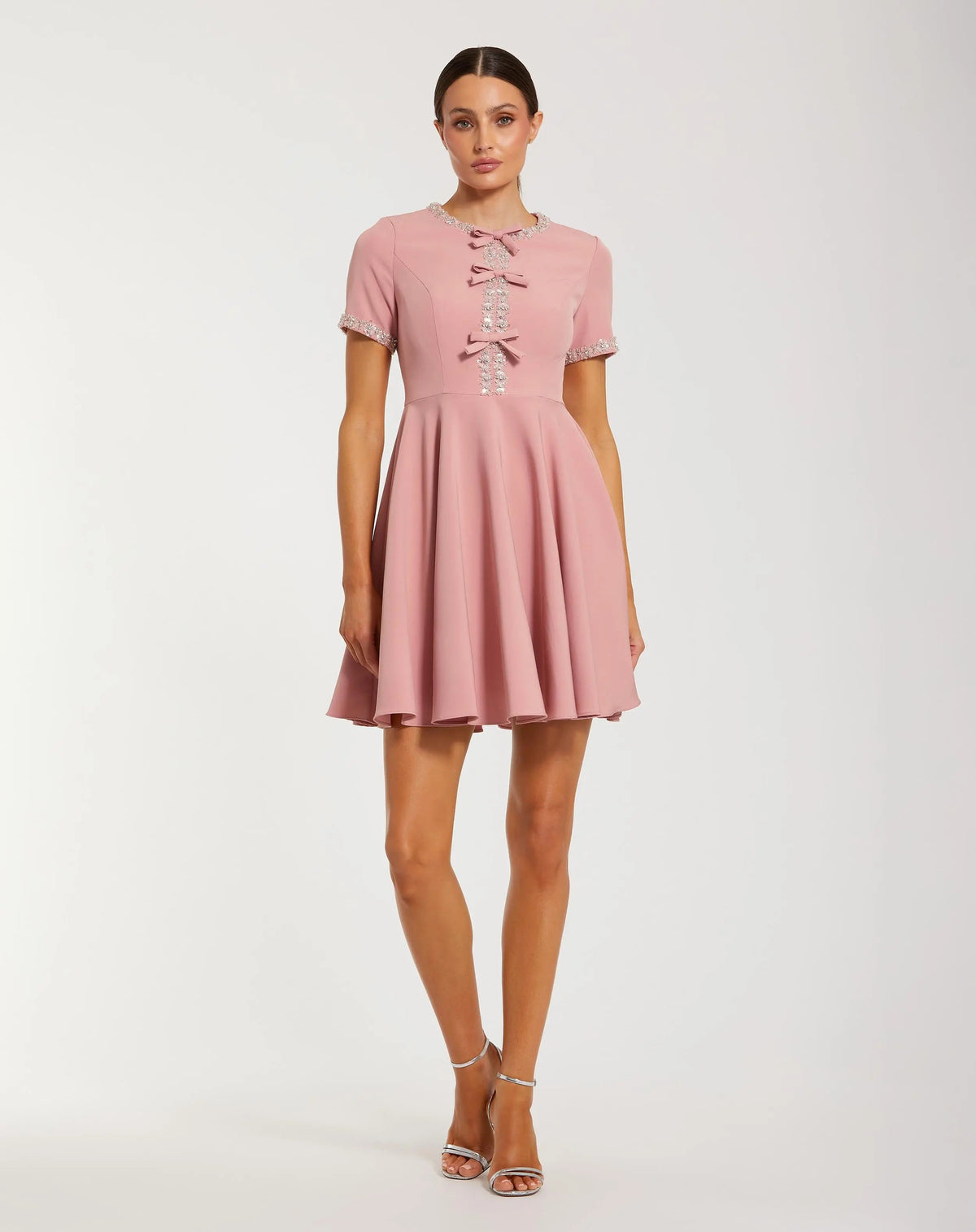 Mac Duggal Pink Crepe A Line Mini Dress With Rhinestone Beading