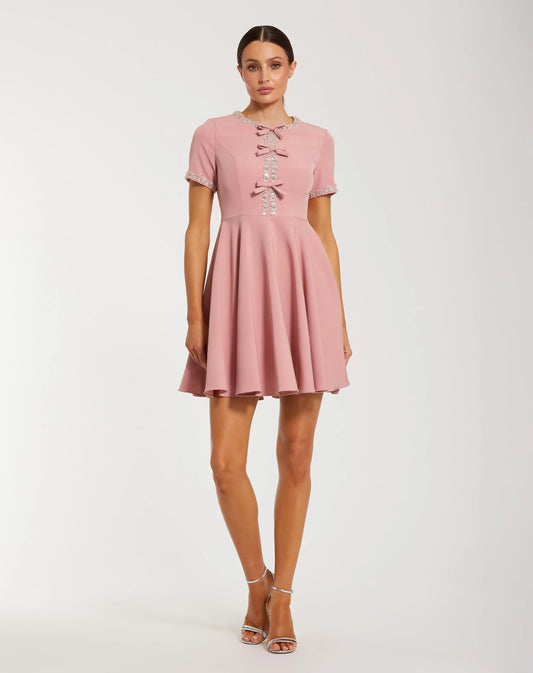 Mac Duggal Pink Crepe A Line Mini Dress With Rhinestone Beading