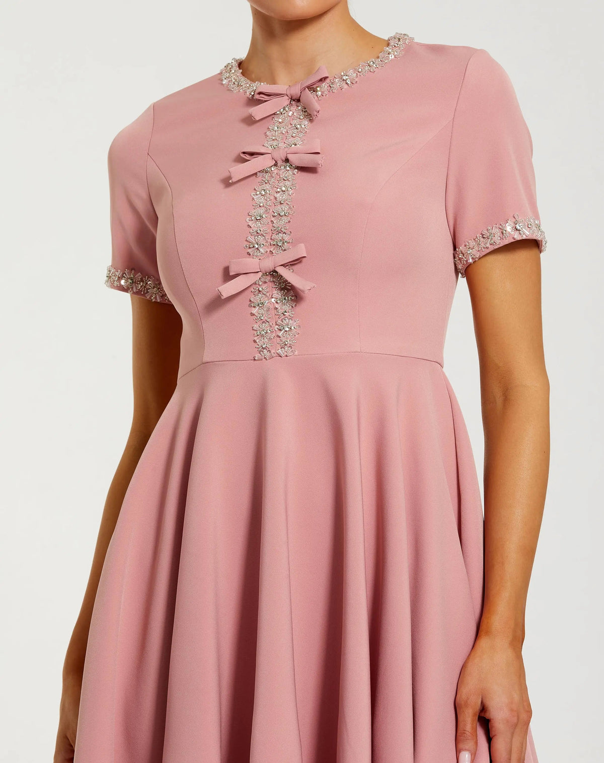 Mac Duggal Pink Crepe A Line Mini Dress With Rhinestone Beading