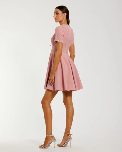 Mac Duggal Pink Crepe A Line Mini Dress With Rhinestone Beading