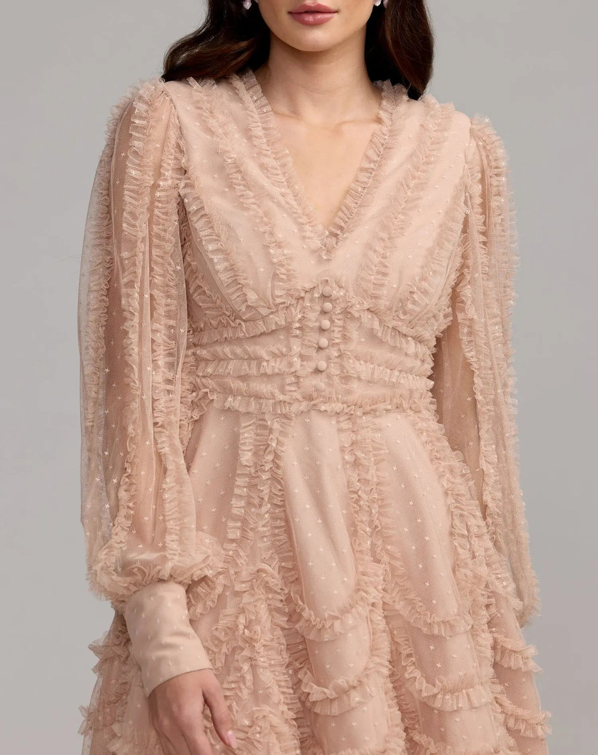 Mac Duggal Beige Long Sleeve Micro Ruffle V Neck Mini Dress