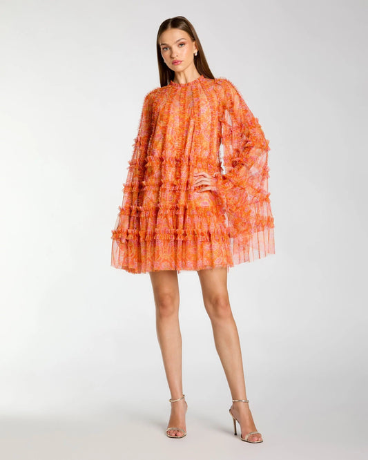 Mac Duggal Orange Floral Ruffle Long Sleeve Mini Dress