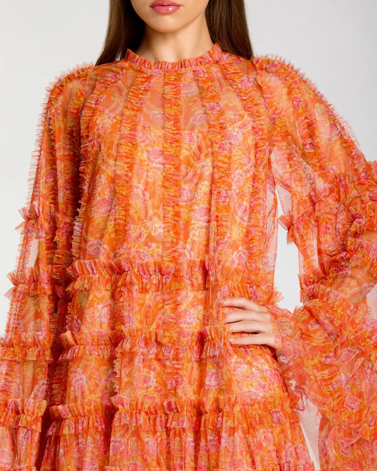 Mac Duggal Orange Floral Ruffle Long Sleeve Mini Dress