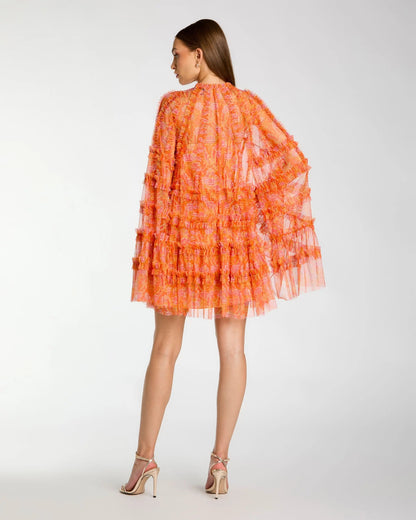 Mac Duggal Orange Floral Ruffle Long Sleeve Mini Dress
