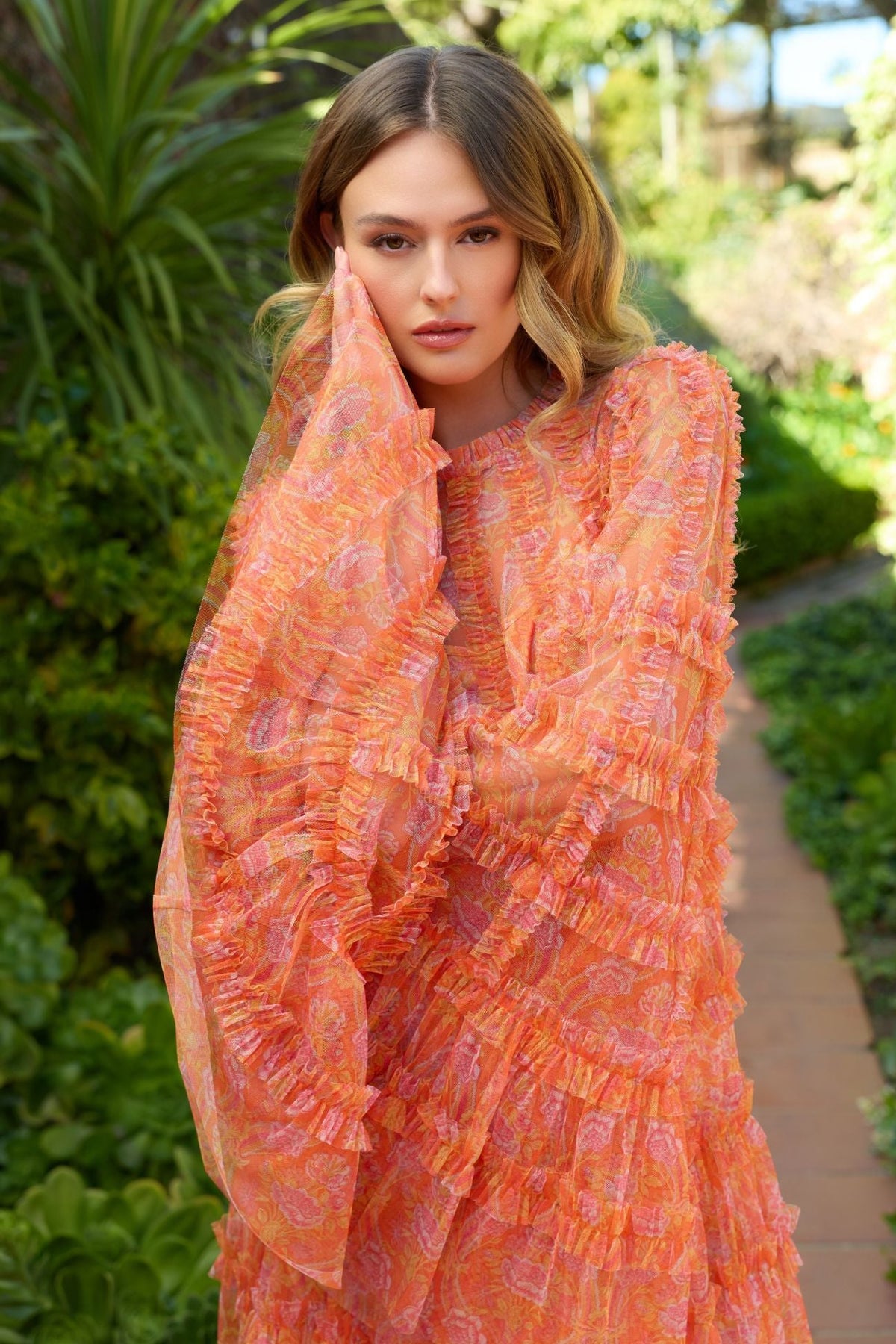Mac Duggal Orange Floral Ruffle Long Sleeve Mini Dress