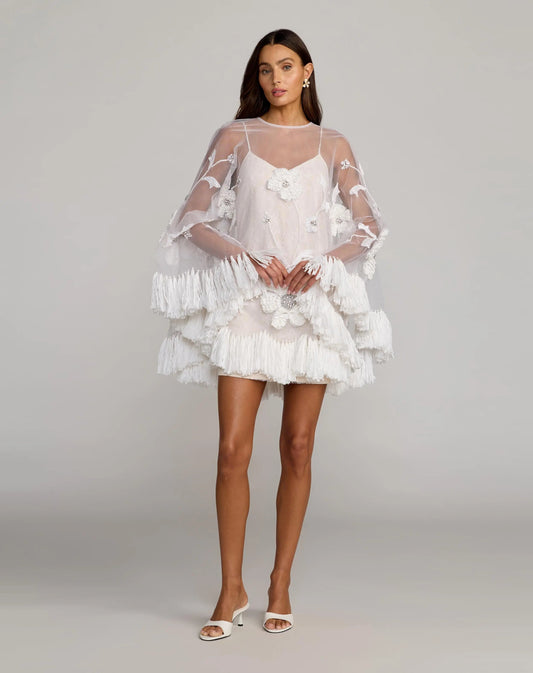 Mac Duggal White Embellished Trapeze Mini Dress With Fringe Hem