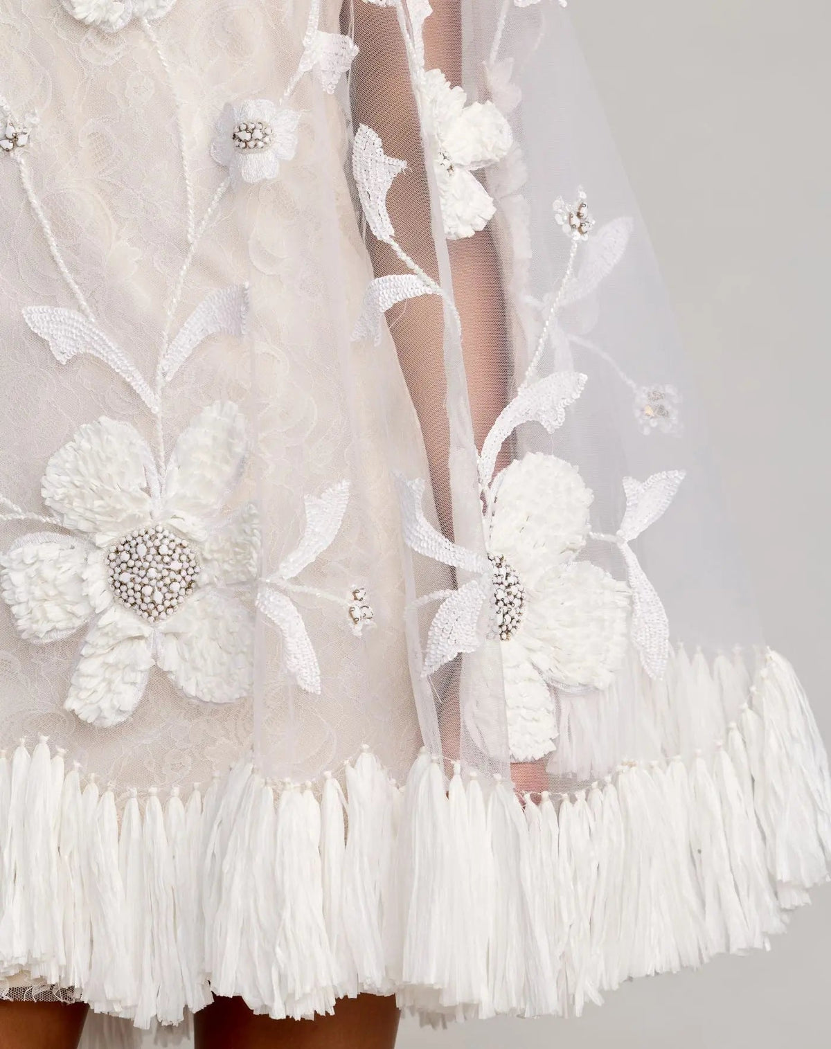 Mac Duggal White Embellished Trapeze Mini Dress With Fringe Hem