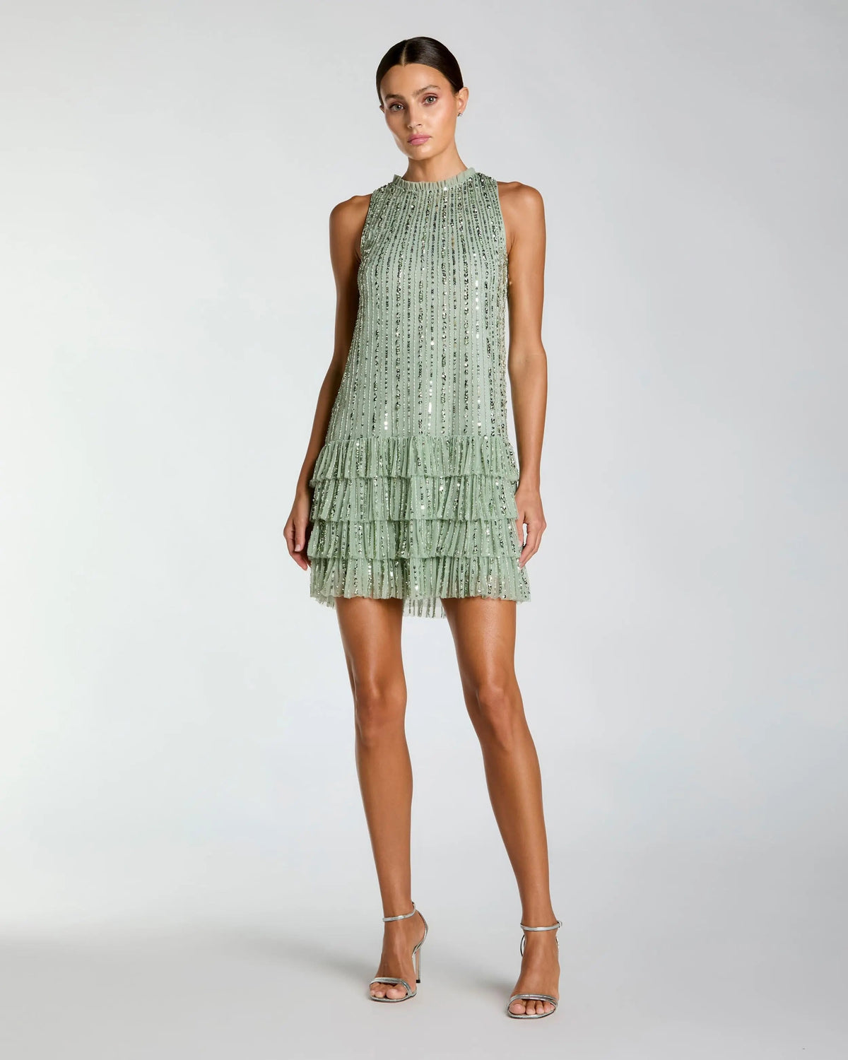 Mac Duggal Green Striped Sequin Tiered Ruffle Mini Dress